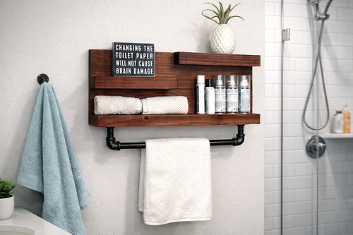 Bathroom shelf with pipe towel bar