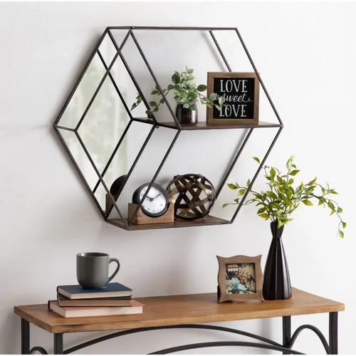 Metal Hexagon Wood Shelf with Mirror