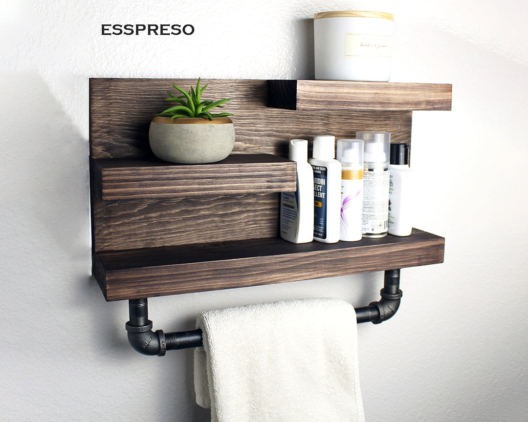 Wood Bathroom Shelf with Towel Bar