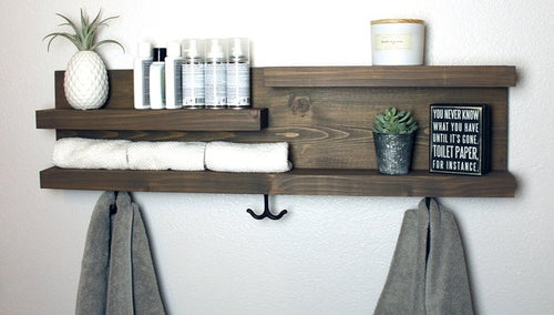 28" Bathroom Shelf Organizer with Towel Hooks - Modern Farmhouse Decor