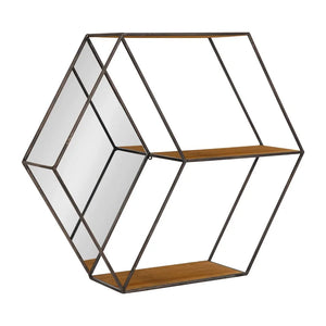 Metal Hexagon Wood Shelf with Mirror