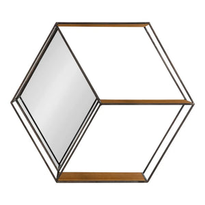Metal Hexagon Wood Shelf with Mirror
