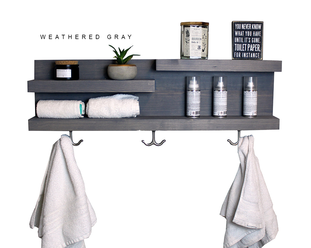 Bathroom Shelf Organizer With Towel Hooks, Modern Farmhouse, Gray Bathroom  Wall Decor Storage, Country Apartment Decor 