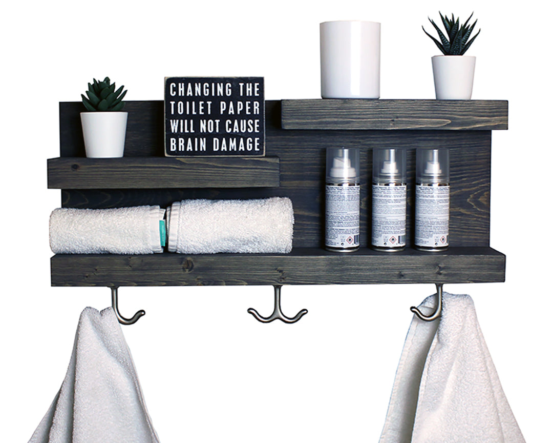 Bathroom Shelf Organizer With Towel Hooks, Modern Farmhouse, Gray